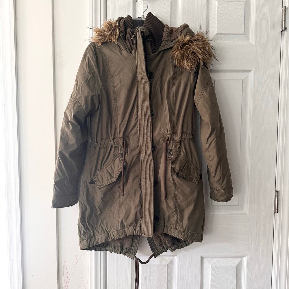 Abercrombie Military Green Brown Sherpa Fur Lined Hood Winter Parka Y2K Large